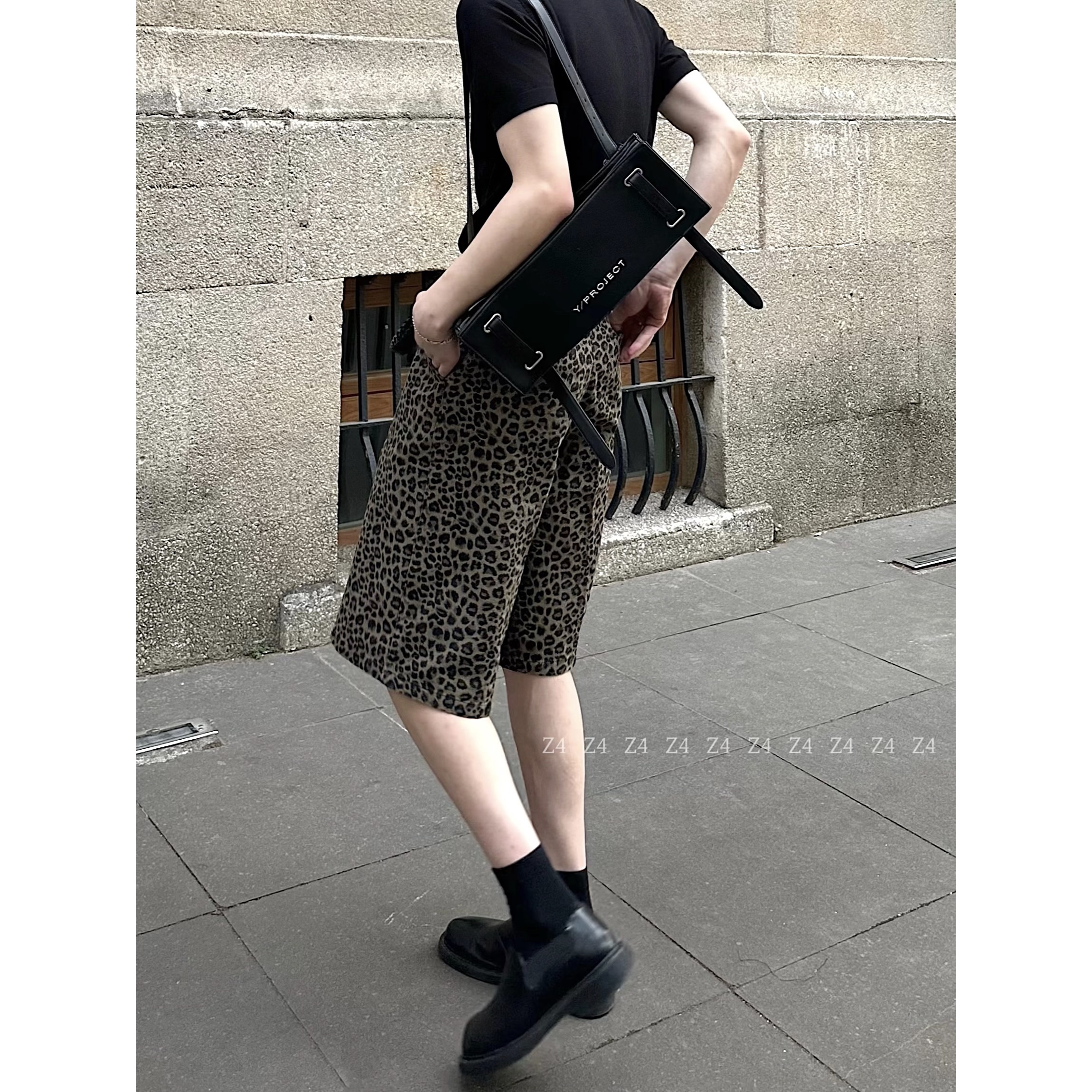 美式复古夜店小众豹纹七分裤男女夏季宽松直筒阔腿高街牛仔短裤潮