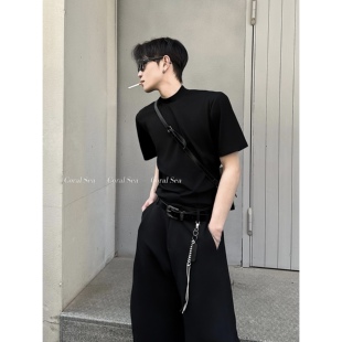 王嘉尔同款/基础纯色半高领修身正肩T恤男夏季百搭cleanfit短袖潮