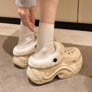 可拆卸棉拖鞋女士秋冬季外穿厚底冬天棉拖加绒高跟10CM洞洞鞋冬款