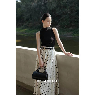 QIQI绮绮家 配腰带 高腰显瘦缎面波点半身裙女4316