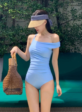 ins风度假蓝色连体绝美泳衣女款2026年新款爆款性感纯欲风高级感