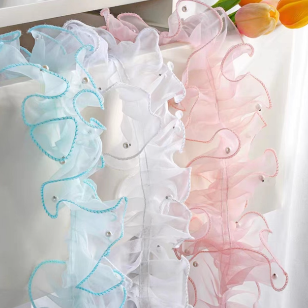 褶皱珍珠欧根纱围边小香风花束包装材料鲜花花艺网纱花边包花纱网