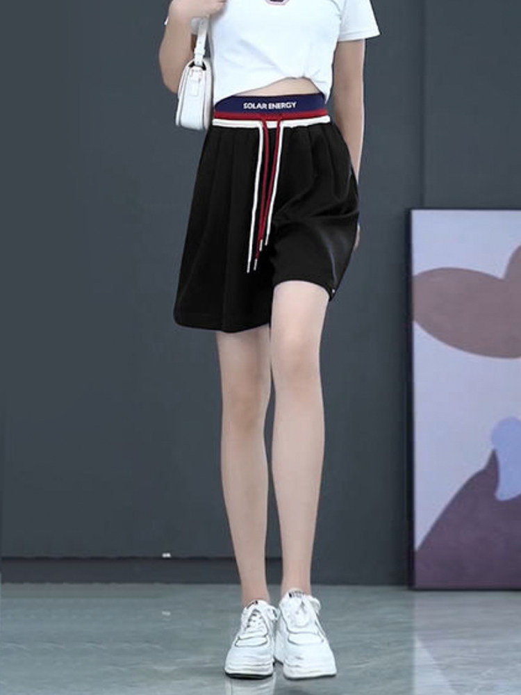 아이스 실크 반바지 여성 여름 얇은 스포츠 바지 2024 새로운 하이 웨이스트 와이드 다리 슬림 A 라인 캐주얼 중간 길이 바지