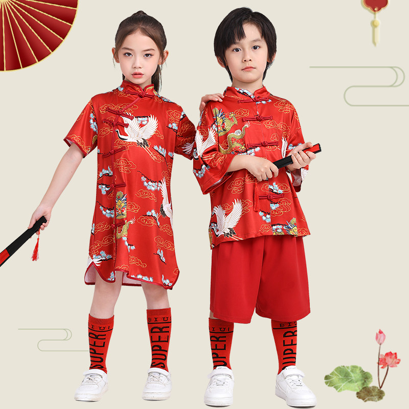 六一儿童红色啦啦操服装男童唐装女童旗袍少儿中国风团体舞演出服