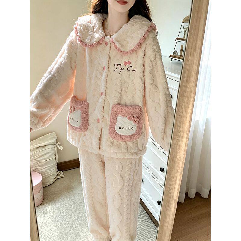 秋冬款法兰绒加绒睡衣女冬季加厚保暖口袋KT珊瑚绒甜美家居服套装