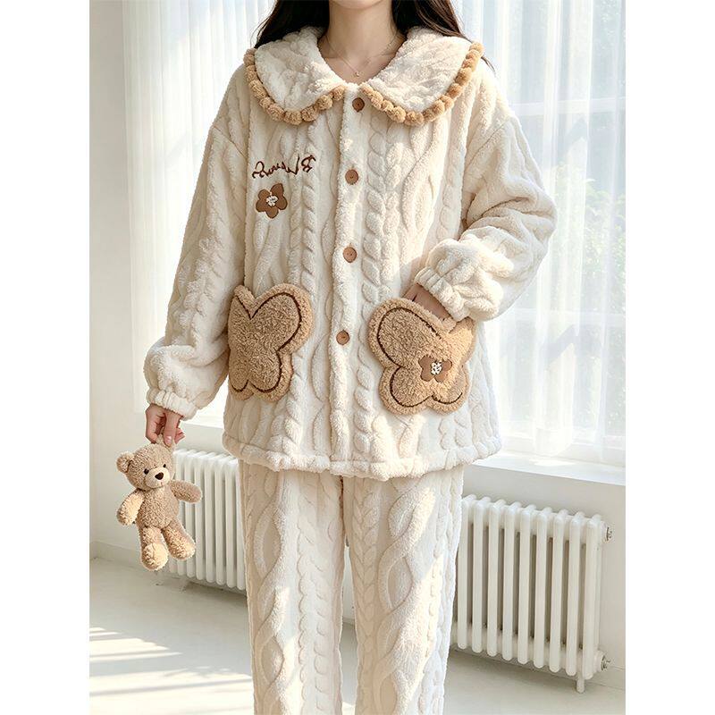 秋冬款法兰绒加绒睡衣女冬季加厚保暖口袋KT珊瑚绒甜美家居服套装