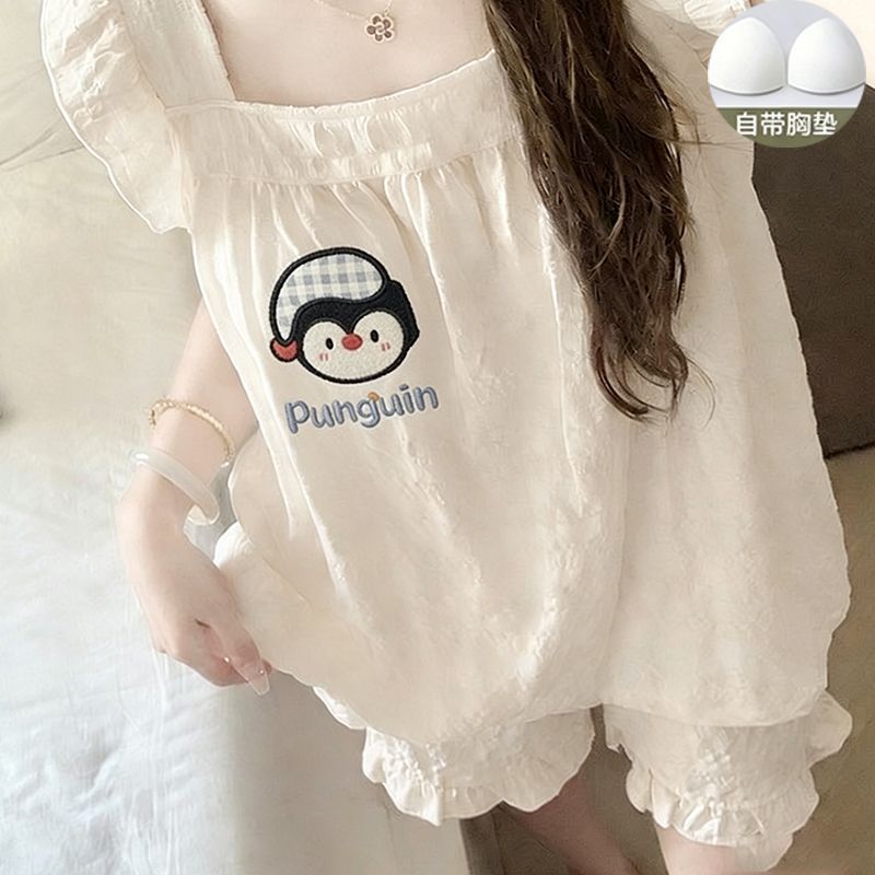 甜梦舞睡衣女款夏季云朵棉2026新款带胸垫一体吊带短裤家居服套装
