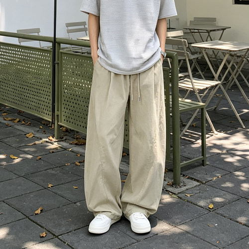 美式卡其拼接宽松纯棉男工装裤