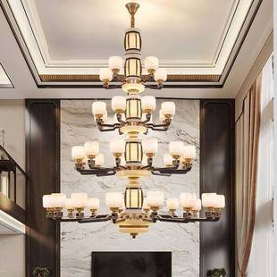 全铜玉石新中式复古风客厅主灯吊灯复式楼大吊灯中空别墅中山灯具