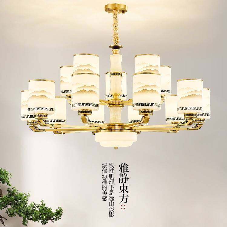 全铜新中式玉石吊灯 LED中国风客厅灯现代简约古典别墅复式楼灯具