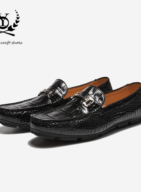 新款男士皮鞋真皮透气软底豆豆鞋黑色百搭一脚蹬鳄鱼皮乐福鞋男鞋
