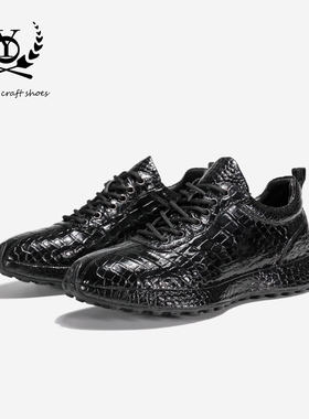 男士高端鳄鱼皮运动鞋黑色日常百搭轻奢真皮休闲男鞋包边厚度增高