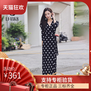 DI DVF2023夏V领印花黑色圆点无领长款连衣裙收腰系带包臀一片式