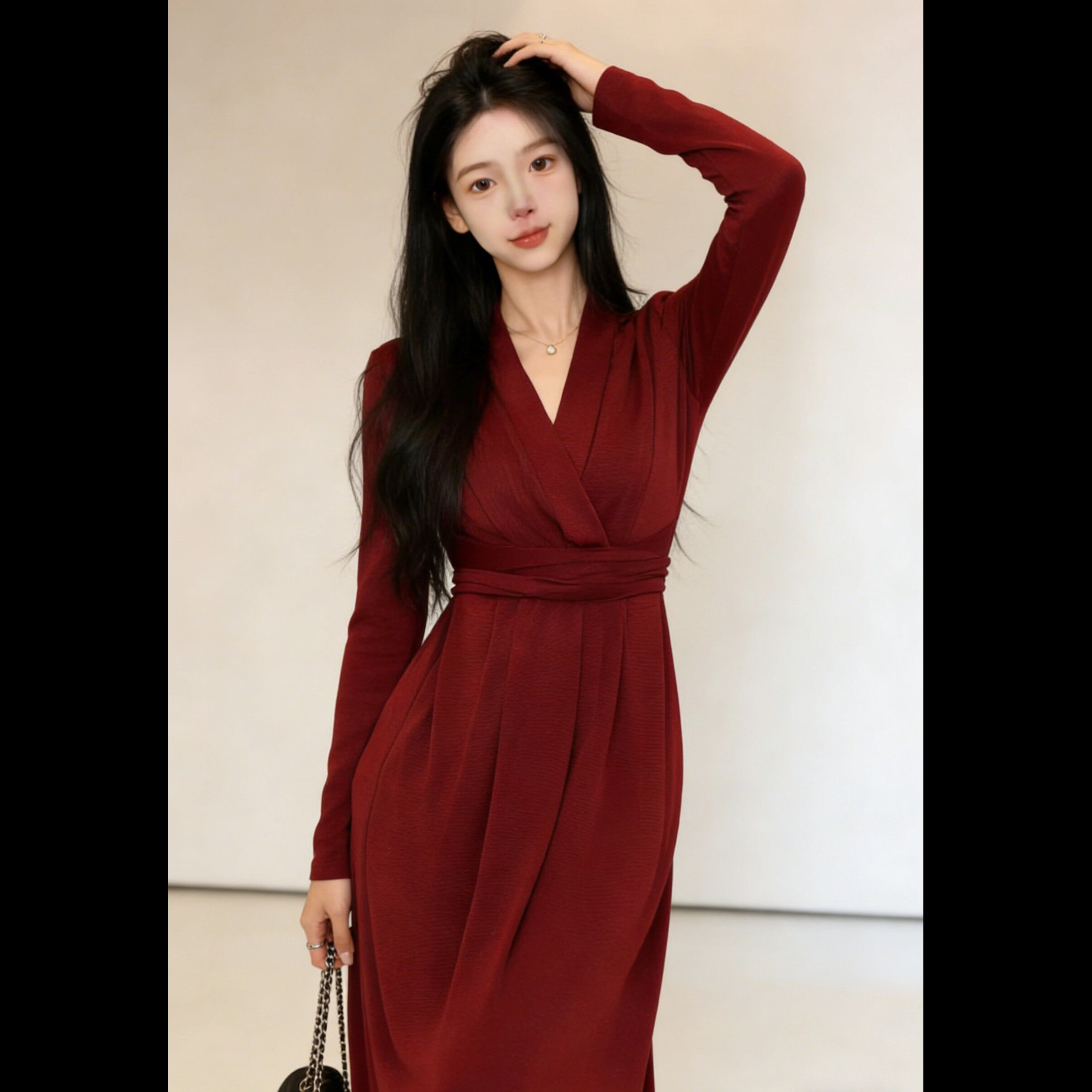 maSande 新年战袍 套头绑带酒红色连衣裙女长款过脚踝显瘦裹身裙