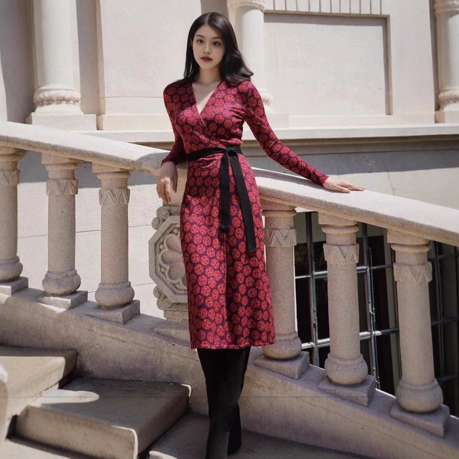 maSande春款水晶麻法式绯红幸运骰子印花V领裹裙收腰显瘦长袖中长