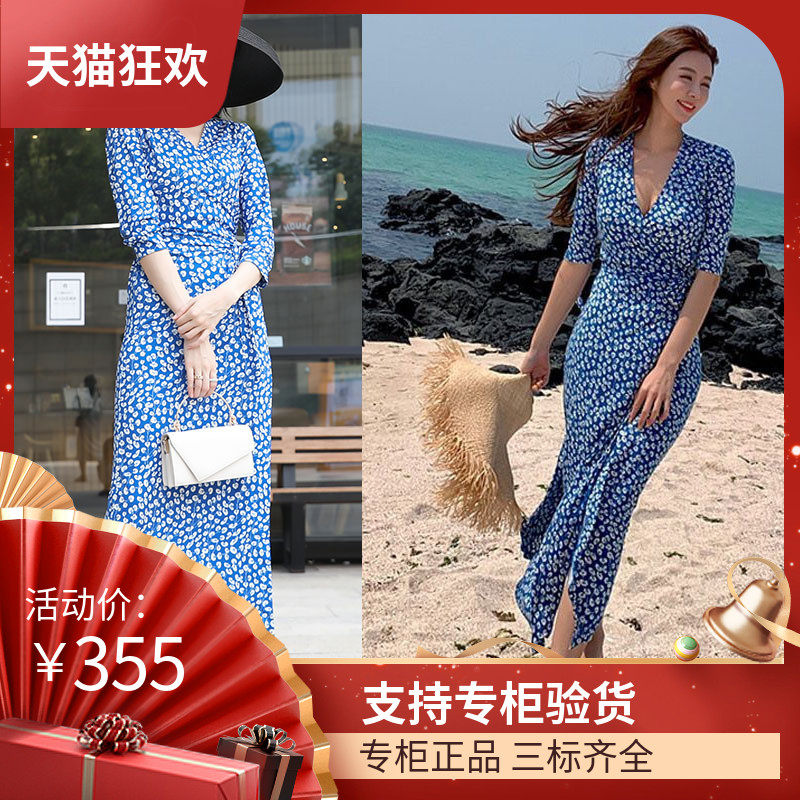 DI DVF夏季气质女人蓝色印花裹胸长裙一片式七分袖收腰显瘦绑腰带