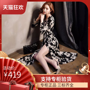 正品DI DVF连衣裙女夏气质印花修身长裙连衣裙V领裹身裙收腰
