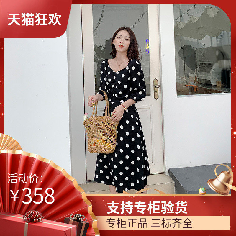 DI DVF新款法式小众大波点过膝长裙夏修身显瘦egg小性感胸部褶皱