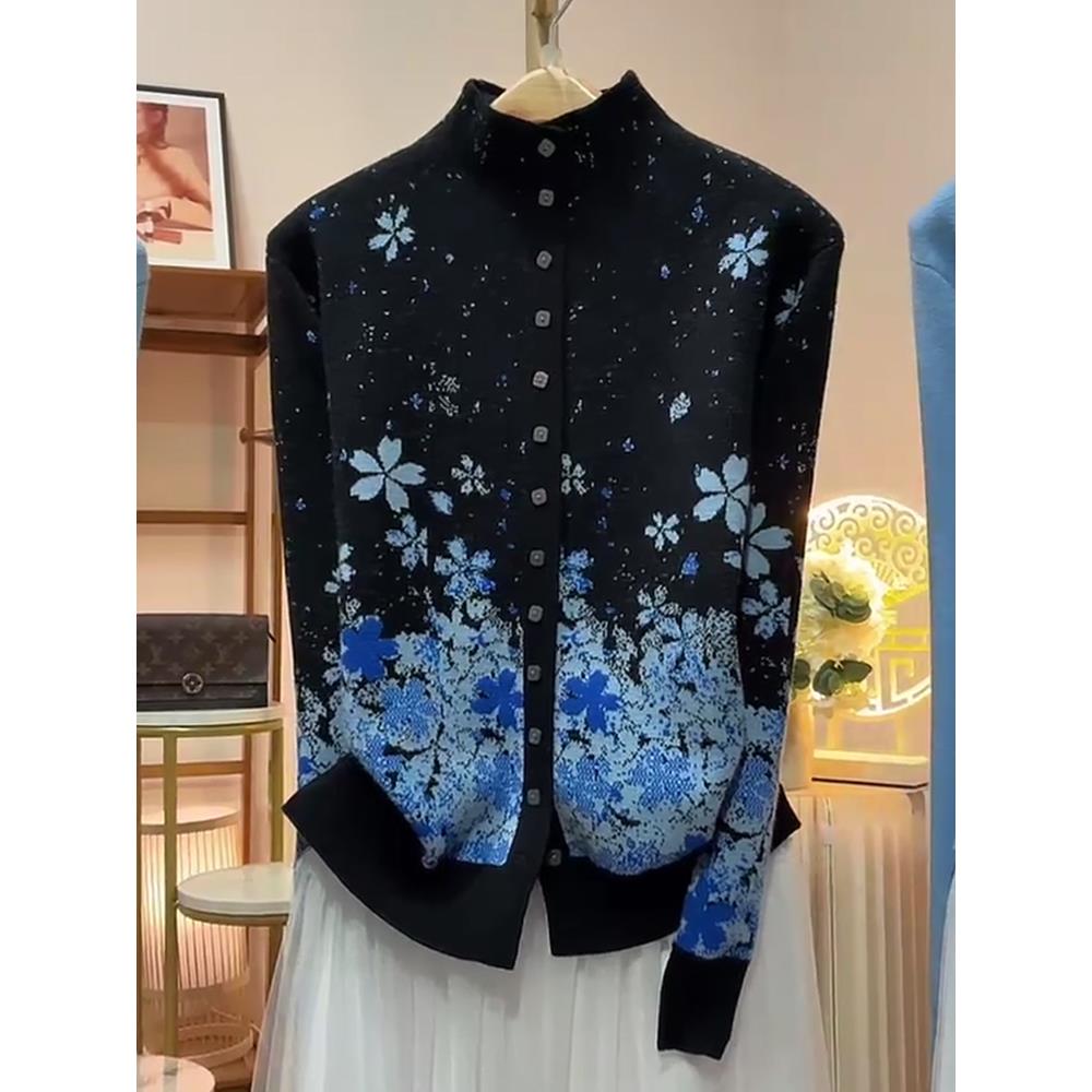 祖母风蓝色花朵拼针织衫女