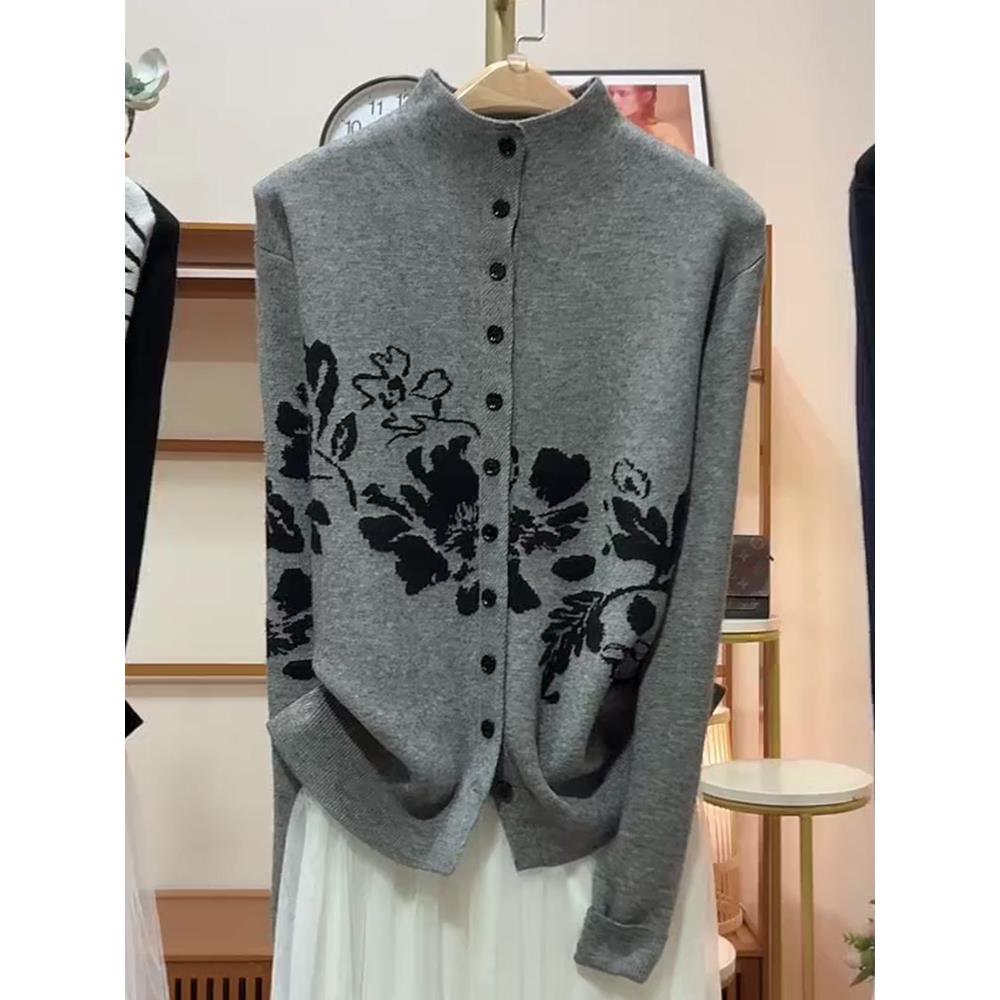 灰色花朵印长袖针织开衫女
