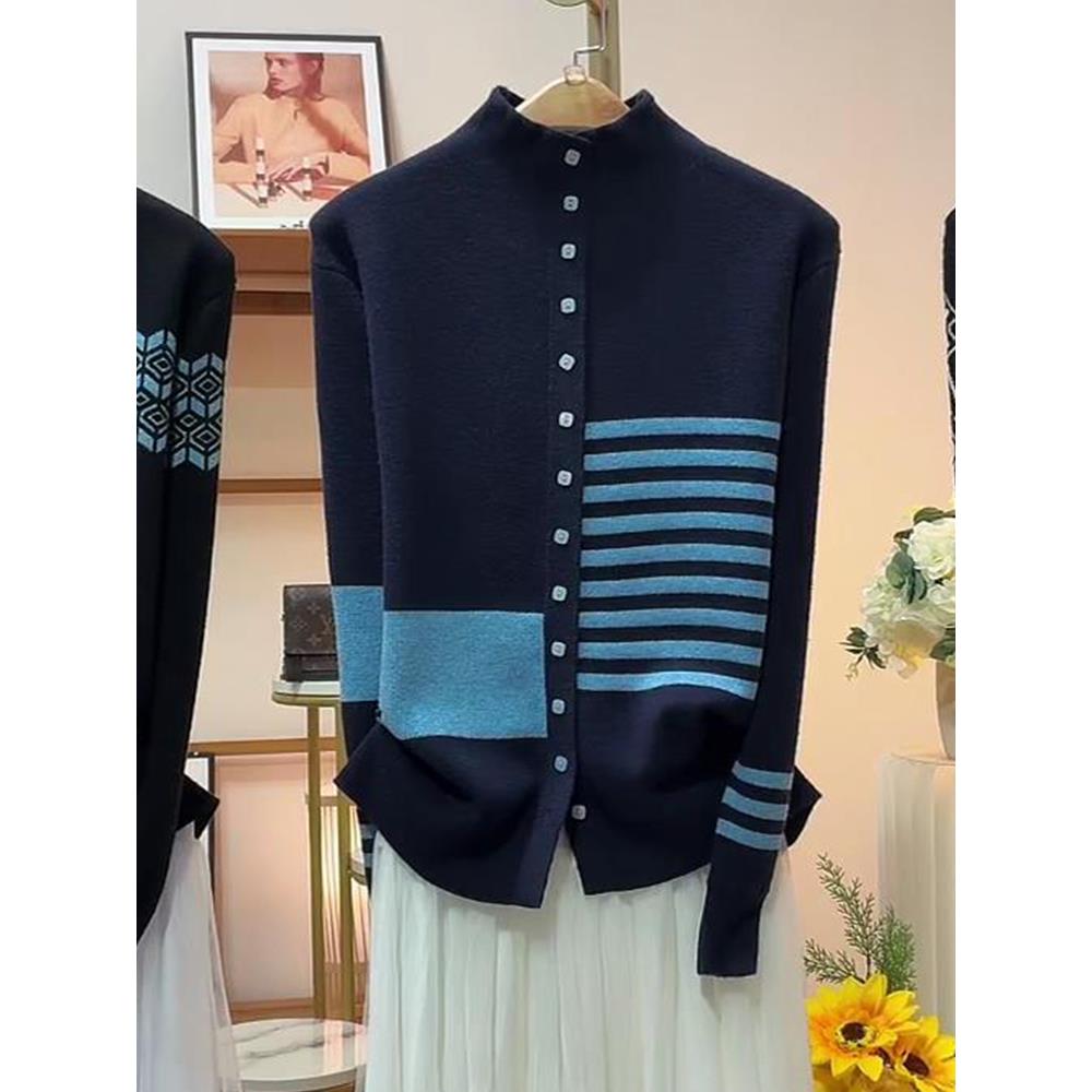 撞色条纹针织开衫女立领设