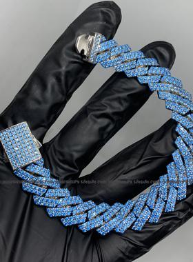 浅海蓝宝石镶嵌古巴链条形状项链