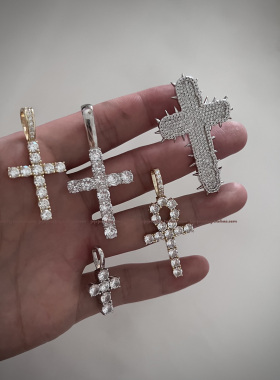 Jesus Cross Pendant 纯银单排钻爪镶嵌十字架吊坠项链嘻哈hiphop