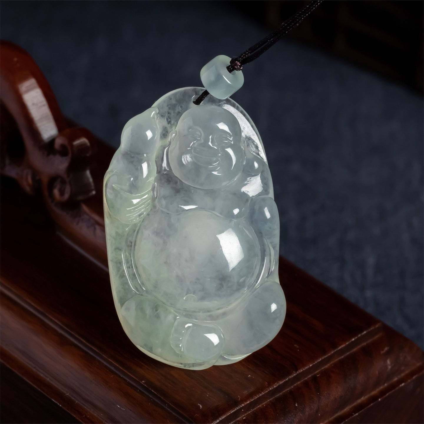 缅甸天然翡翠A货冰种浅黄弥勒佛吊坠 冰透大肚笑佛女款佛公逍遥佛
