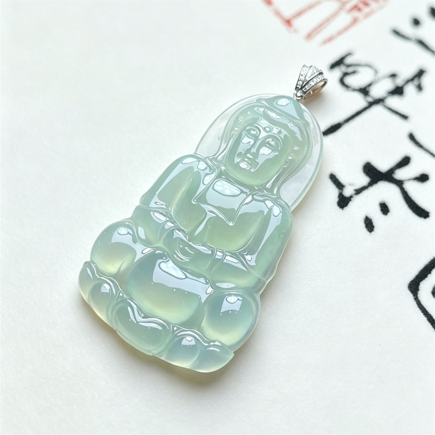 缅甸天然翡翠a货冰种晴绿观音如意吊坠18K冰透高档观音平安挂件