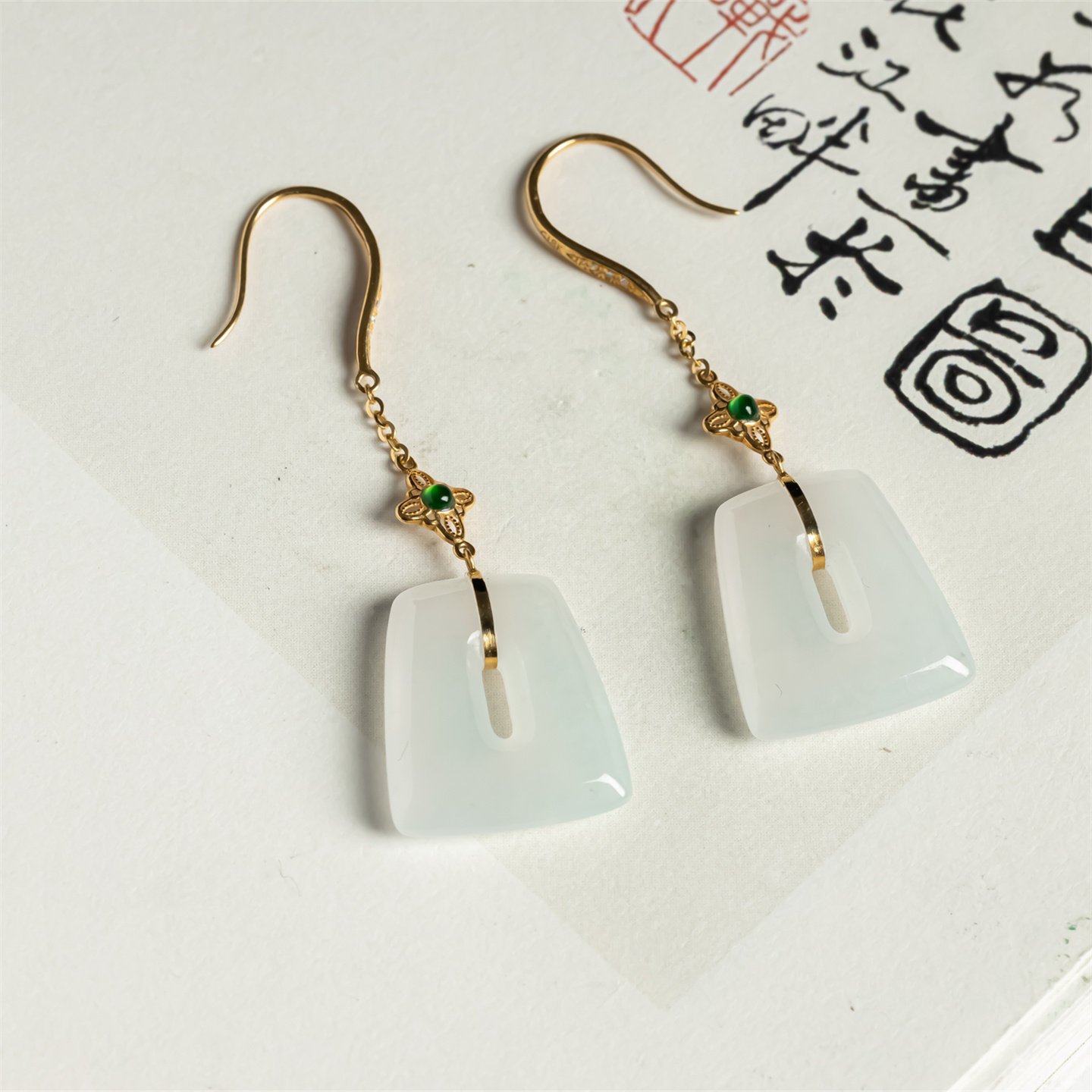 缅甸天然翡翠a货冰糯种方糖时尚女款耳环18K金老坑耳钩翡翠耳坠