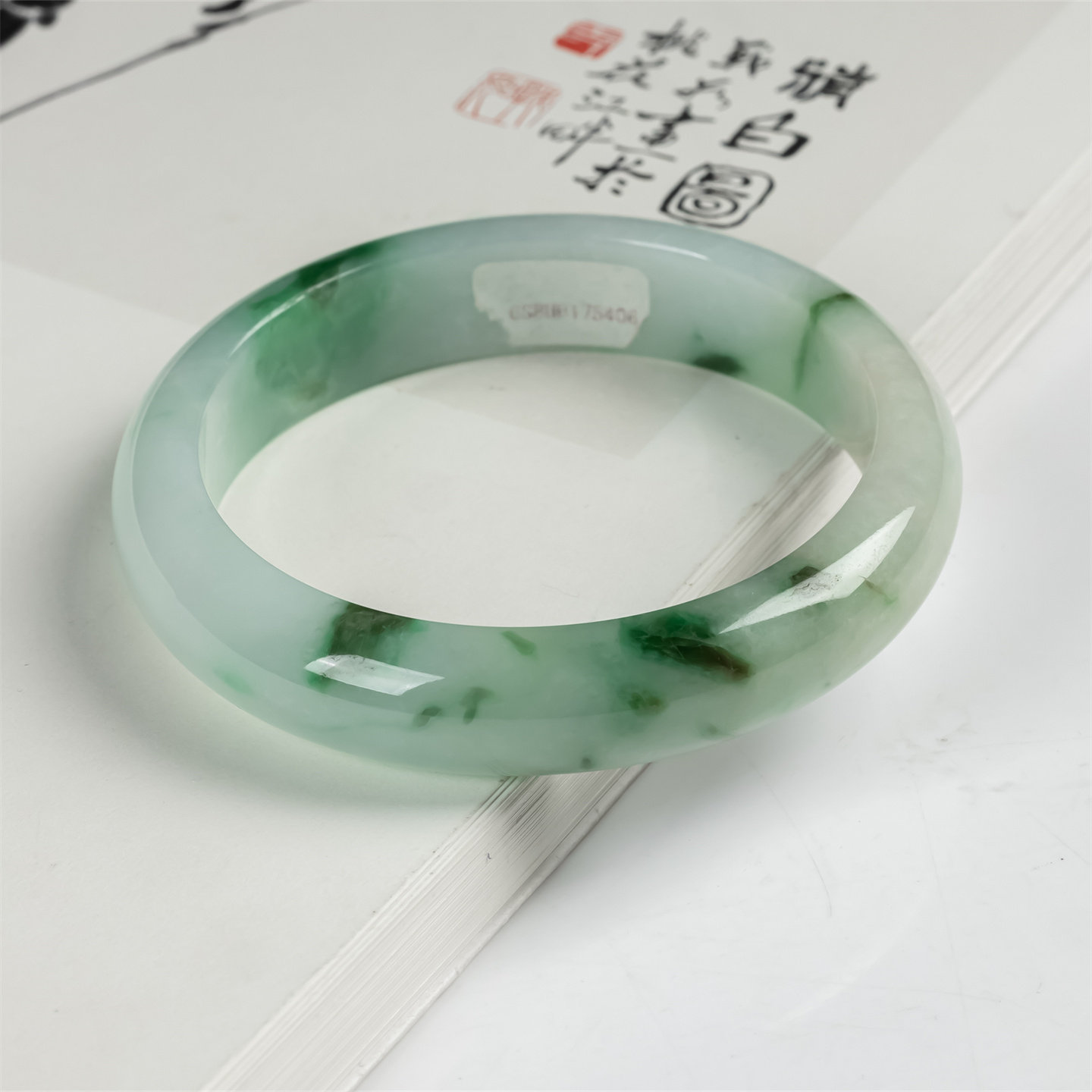 缅甸天然翡翠a货冰糯种阳绿18K描金翡翠手镯56圈女款冰绿圆镯玉镯