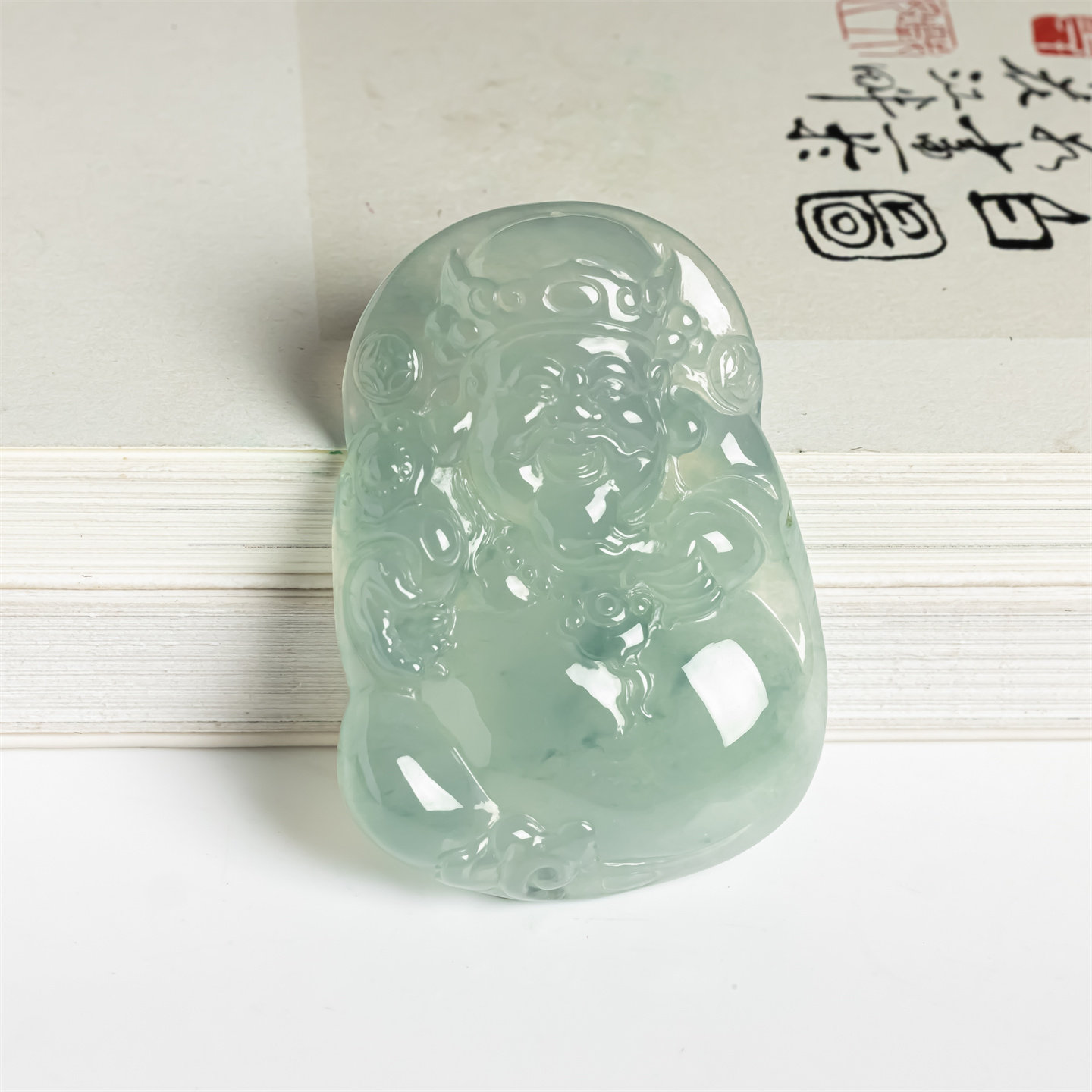 缅甸天然翡翠a货冰种飘花冰透财神如意吊坠男女款来财毛衣链挂件