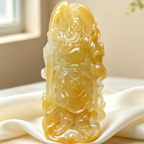 翠贵人冰种黄翡鸡油黄关公吊坠