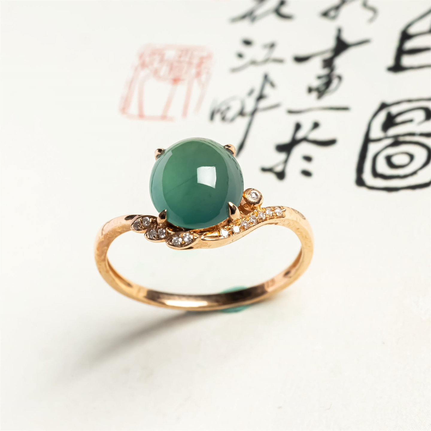 天然翡翠A货冰种蓝水18K金老坑冰蓝女款戒指戒面蛋面时尚翡翠玉戒