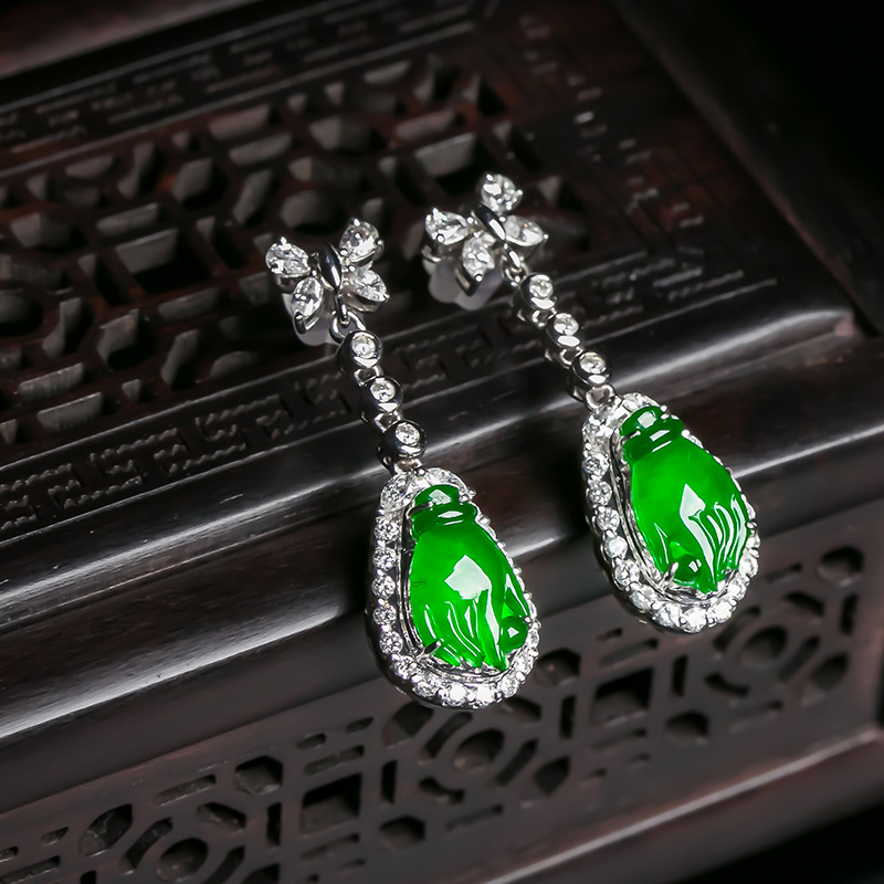 翠贵人天然翡翠耳环冰种帝王绿翡翠耳坠18k金翡翠佛手掌上明珠