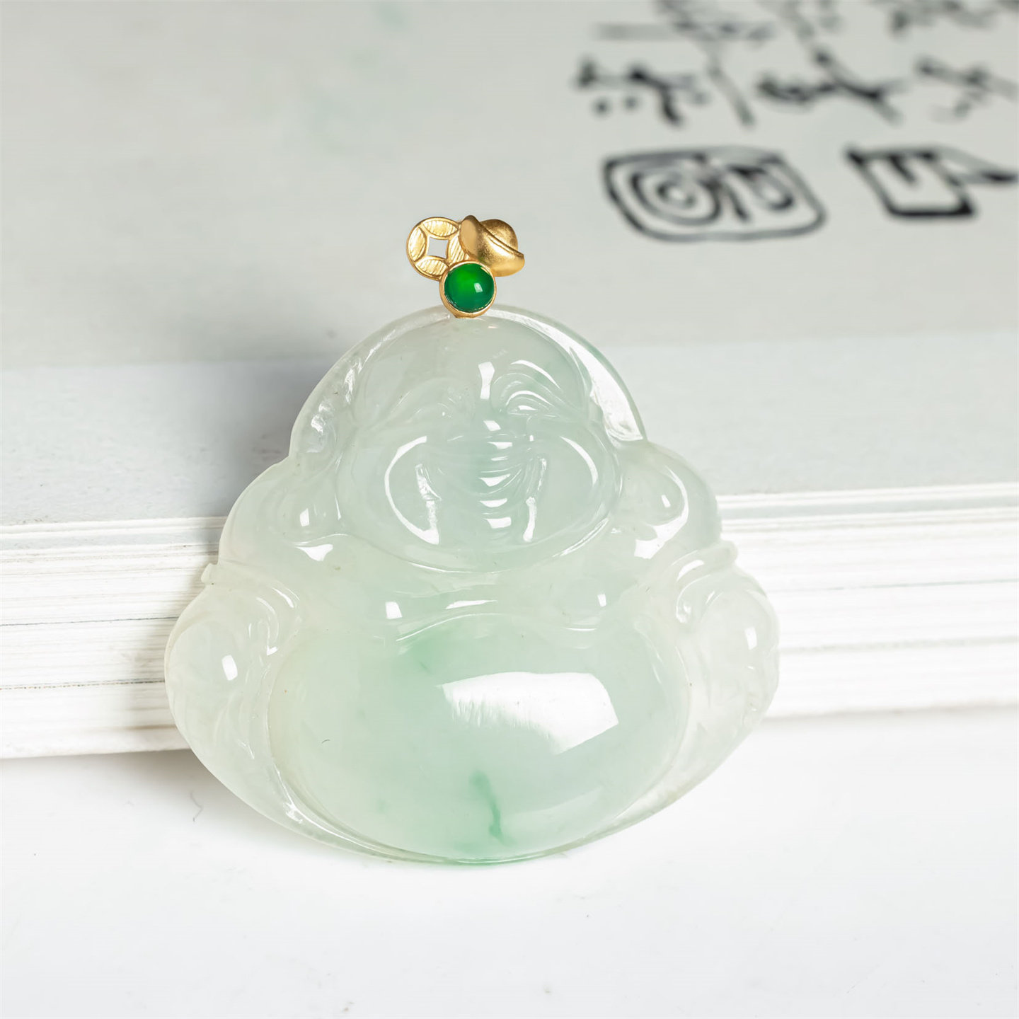 缅甸天然翡翠A货冰糯种老坑飘绿弥勒佛吊坠18K女款佛公冰绿挂件