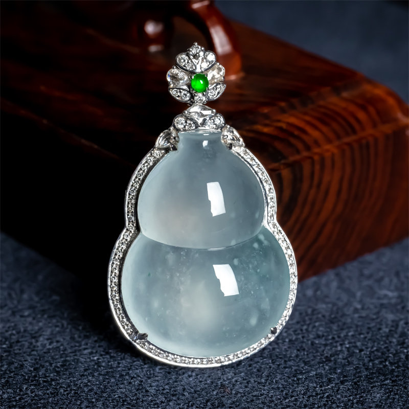 天然翡翠A货冰种飘花葫芦如意吊坠18K福禄双全男女款高档翡翠挂件