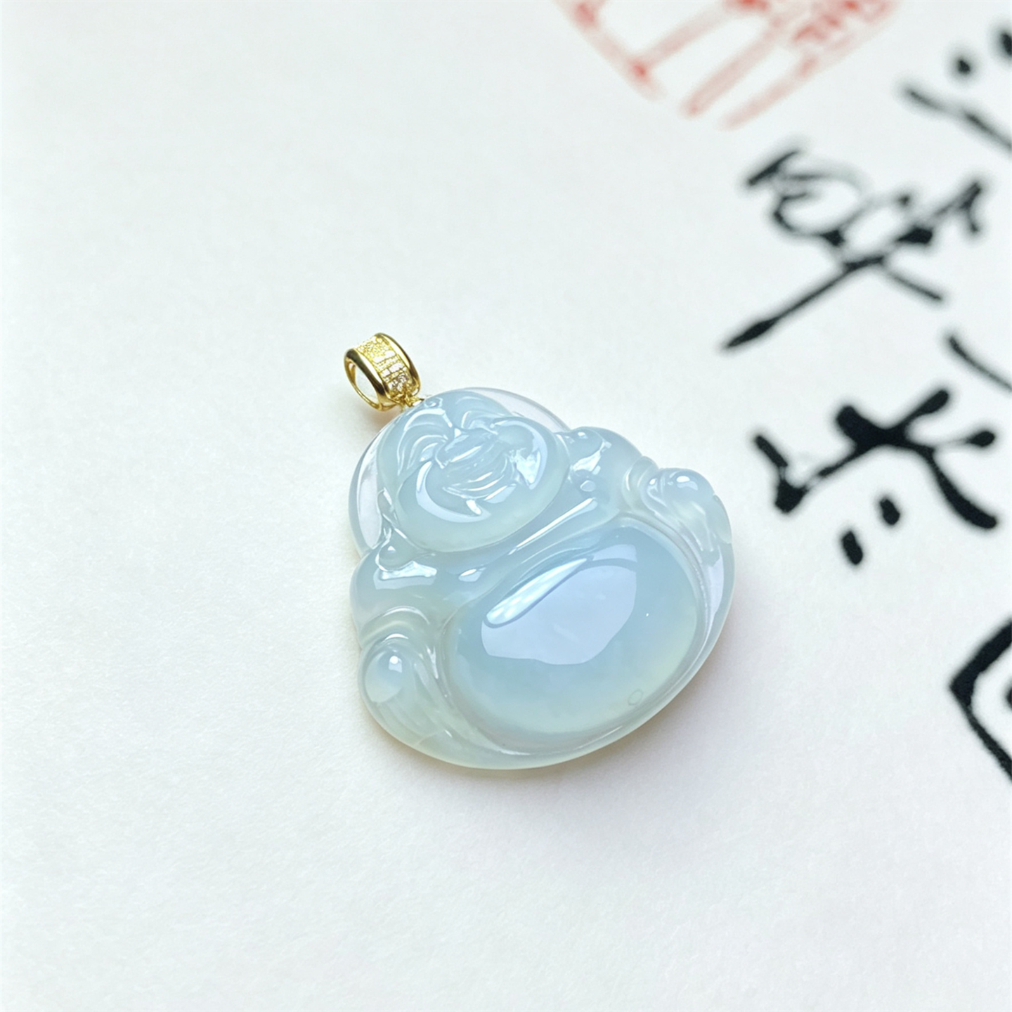 缅甸天然翡翠a货冰糯种老坑弥勒佛18K吊坠女款大肚笑佛如意挂件