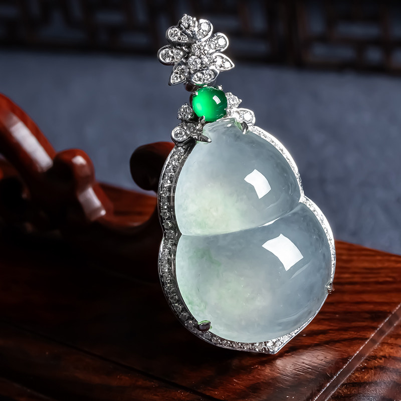 天然翡翠A货冰种18K金葫芦翡翠吊坠缅甸玉石老坑葫芦高档挂件冰透