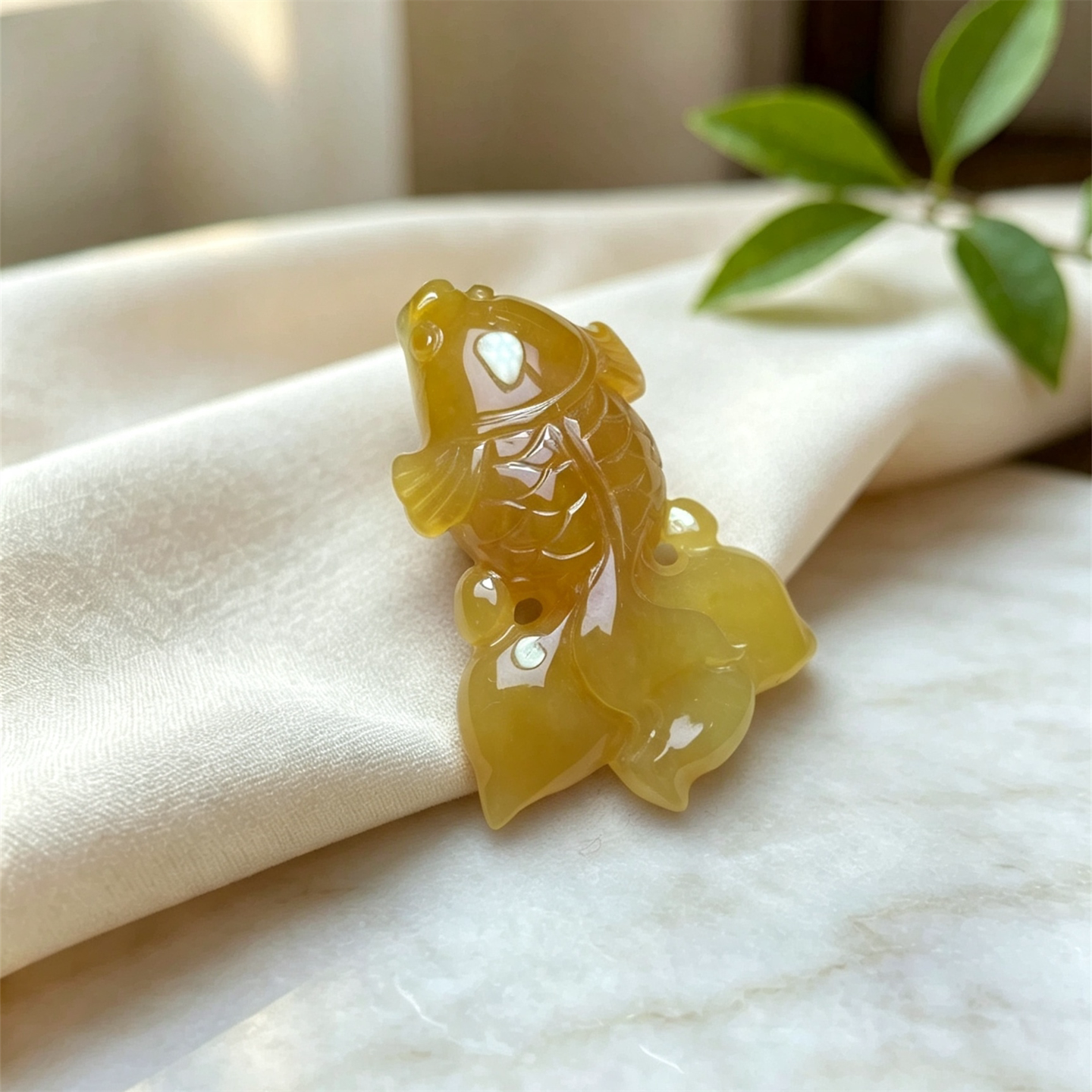 翠贵人冰糯种黄翡年年有余吊坠