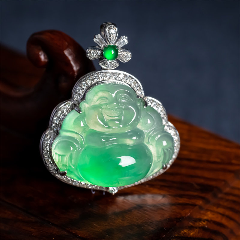 缅甸天然翡翠冰种阳绿18K高档佛公翡翠挂件大肚笑佛女佛公玉吊坠