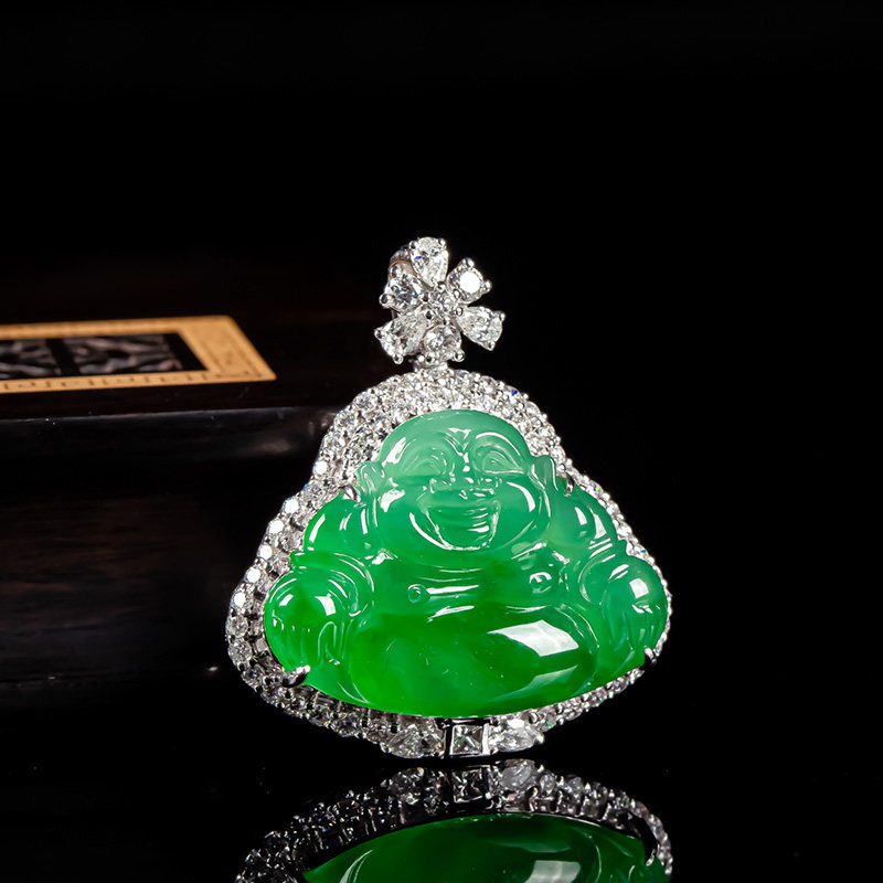 缅甸天然a货翡翠冰种满绿色弥勒佛挂件 高档阳绿佛公笑佛挂坠玉佛