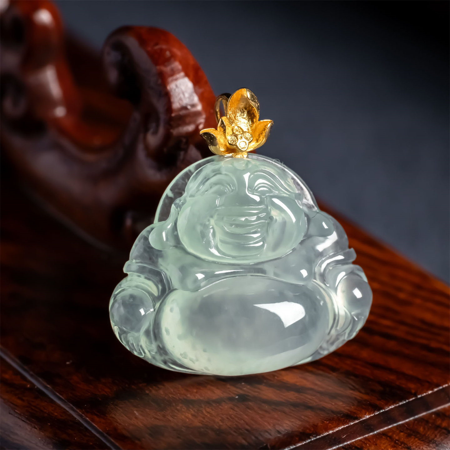 缅甸天然翡翠A货冰种18K冰透女款弥勒佛如意吊坠大肚笑价玉佛挂件