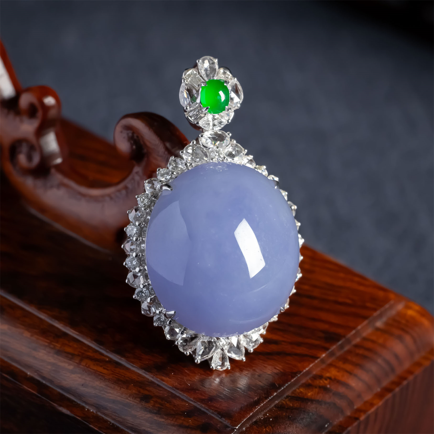 缅甸天然翡翠A货老坑紫罗兰冰种蛋面镶嵌吊坠18K高档紫戒面挂件