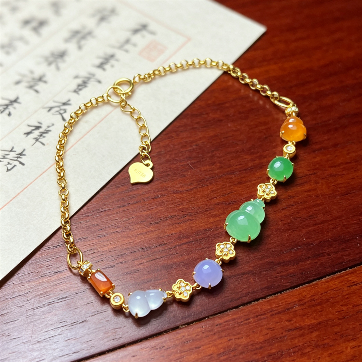 缅甸天然翡翠a货冰种多彩葫芦18K金翡翠手链时尚高档女款多宝手串
