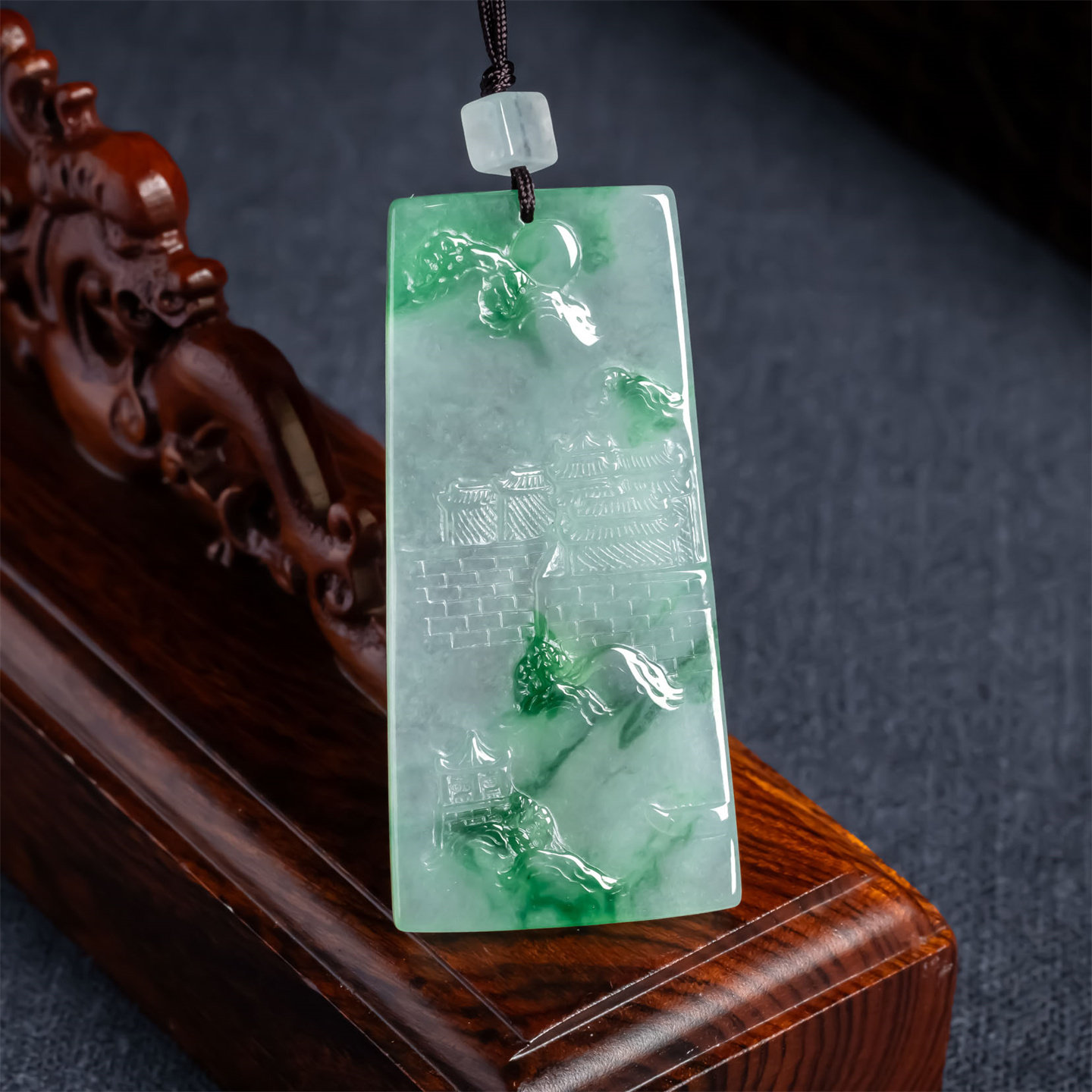 缅甸天然翡翠A货冰飘花山水意境牌如意吊坠顺风顺水男女款玉挂件