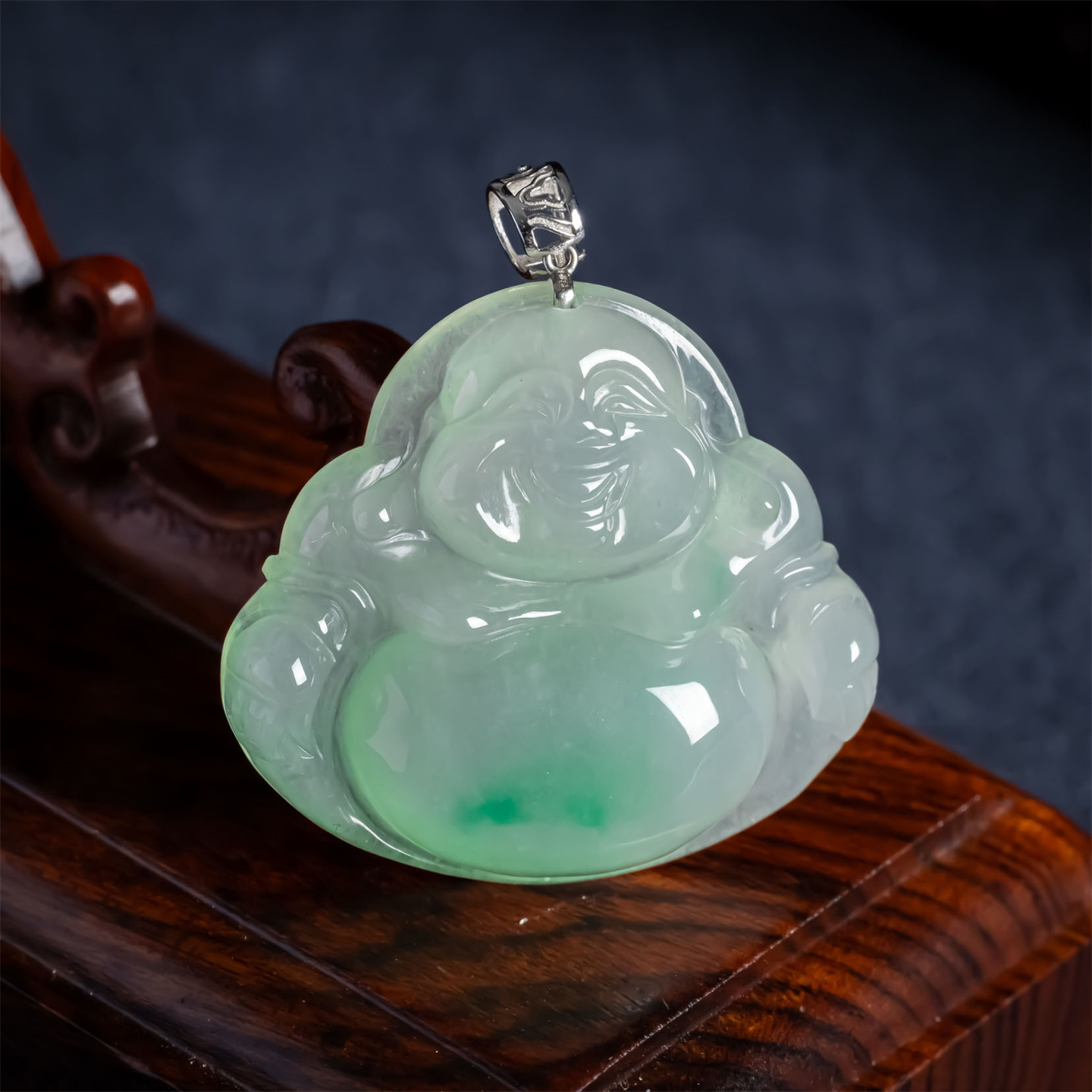 缅甸天然翡翠A货冰糯种阳绿弥勒佛如意吊坠18K佛女款大肚笑佛挂件