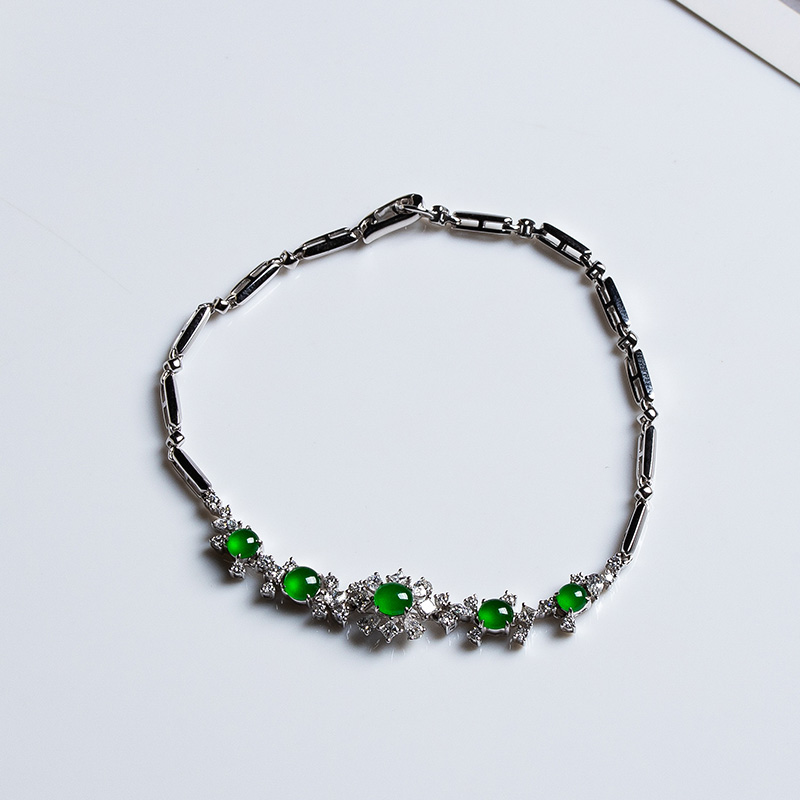 天然a货翡翠手链冰种戒面蛋面镶嵌手链女18k白金镶嵌钻石女玉手链