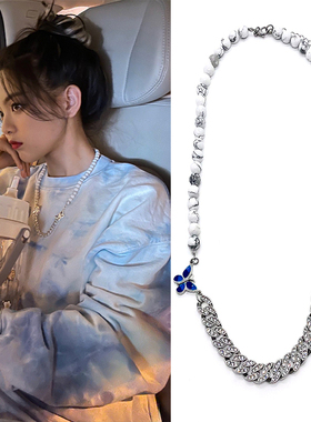 杨超越同款钛钢锁骨链国潮白松石