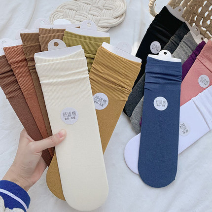 袜子女堆堆袜纯棉韩国春秋薄款百搭ins潮中筒袜日系纯色长筒袜女